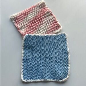 Handmade set of 2 crocheted square cloths, pot cloths hot pads pink blue